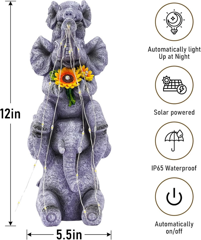 Pohabery Solar Garden Decor Elephant Statue Outdoor, Luck Triple Elephant Decorations for Yard Porch Lawn Patio - Ideal Gifts for Women Mom Grandma Senior Elder or Birthdays 12" - Image 3